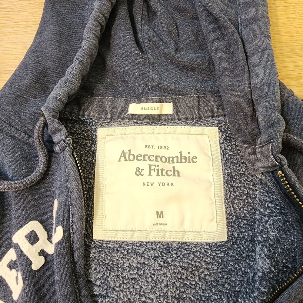 Abercrombie & Fitch Full Zip Hoodie Mens M Muscle Irregular Blue Spell Out Y2K - Picture 2 of 13